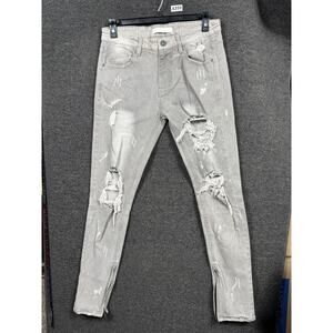KDNK Distress Ripped Stacked Skinny Jeans Mens Size 34 Tan Waist Zip Grunge Y2K